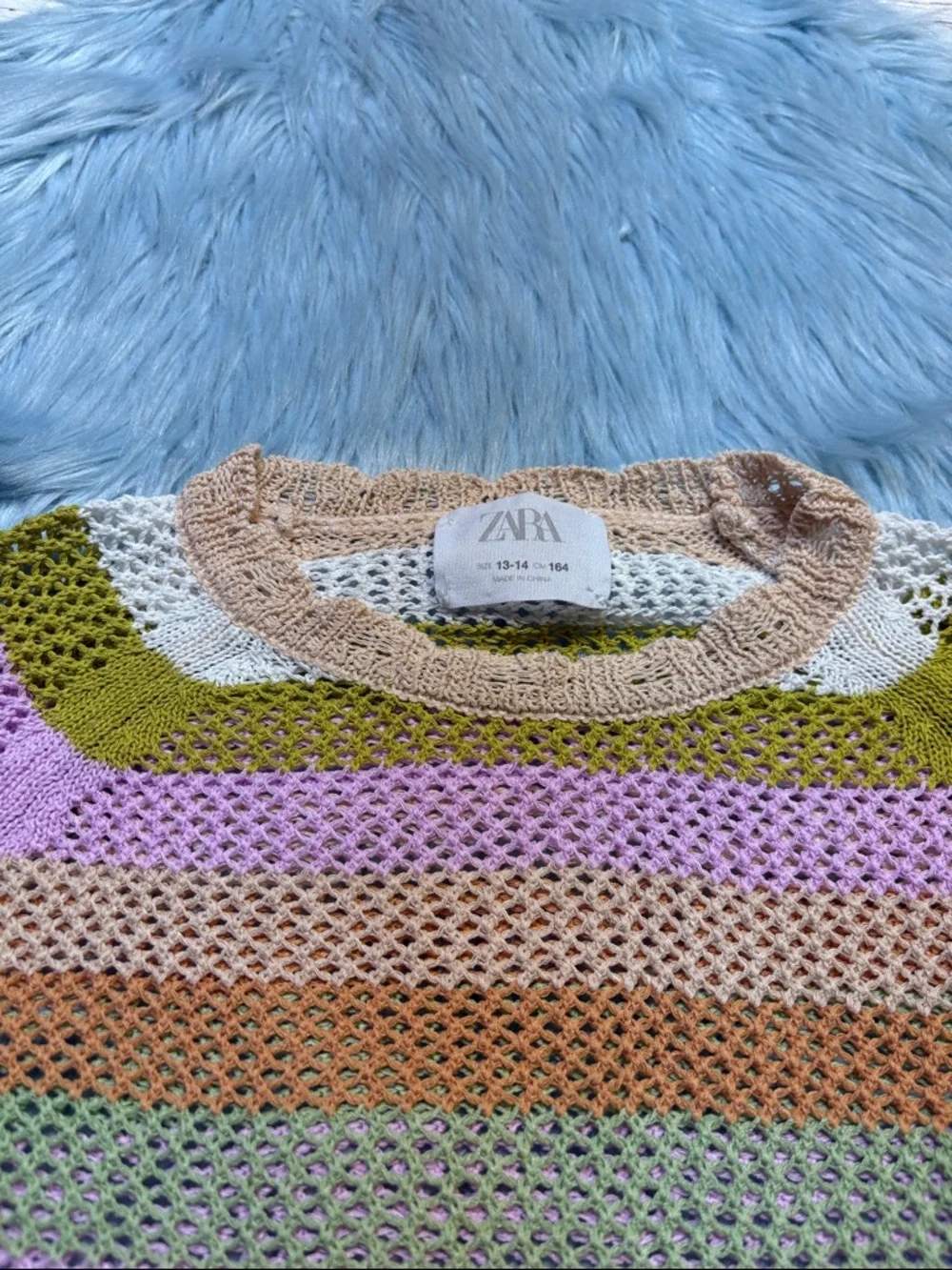Zara Kids Striped Crochet Crewneck Flare Sleeve Sweater sz 13/14